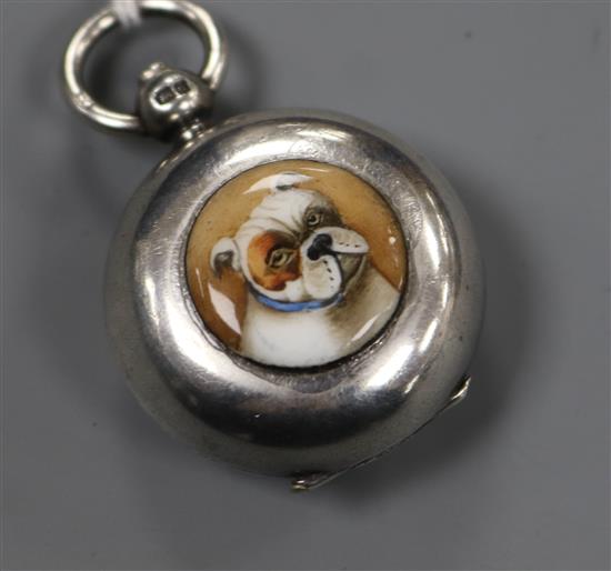 An Edwardian silver sovereign case, later? enamelled with a bulldog, Birmingham, 1903, 38mm.